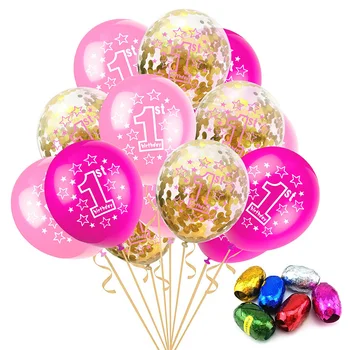 Taoup Rozā 15pcs 12inch Laimīgs 1. Dzimšanas dienu Baloniem, Konfeti Ballons Apdare Dzimšanas diena ir Baloon Pirmā Dzimis Dekoratīvās Lentes