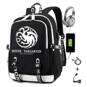 Targaryen Nams Poligrāfijas Mugursoma Vīriešiem Māja Baratheon Lannister Štarks Logo Mugursoma Zēnu Skolas Soma ar USB Uzlāde