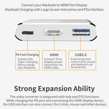 Tebe Tips-C HDMI 3-in-1 Converter Vadītājs USB 3.0 4K HDMI PD Ātrās Uzlādes Augstas Veiktspējas Smart Hub For MacBook
