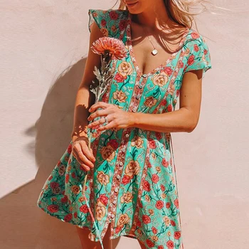 TEELYNN mini sieviešu Kleitas kokvilnas zaļu ziedu drukas kleita ar īsām piedurknēm, v veida kakla vasaras Kleitas atpakaļ saites kleita beach vestidos