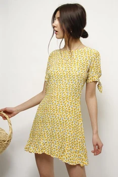 TEELYNN īss puff sleeve mini kleitas, sieviešu ikdienas 2020. gadam vintage dzeltena kokvilnas ziedu drukāt eleganta vasaras kleita vestidos boho drēbes
