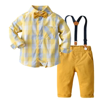 Tem Doger Toddler Zēniem Ikdienas Pleds Apģērbu Uzstādiet tauriņu Krekls ar garām Piedurknēm Topi ar Lencēm Džentlmenis 2gab Tērps Kāzu Puse