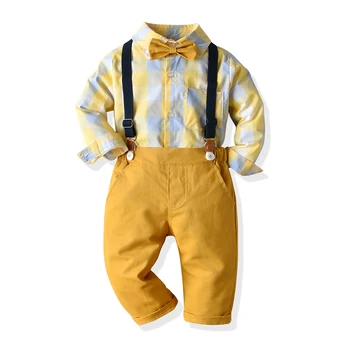 Tem Doger Toddler Zēniem Ikdienas Pleds Apģērbu Uzstādiet tauriņu Krekls ar garām Piedurknēm Topi ar Lencēm Džentlmenis 2gab Tērps Kāzu Puse
