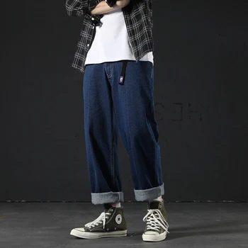 TFETTERS Japāņu Harlan Vīriešu Džinsi Modes Gadījuma Retro Vidū Veco Mazgā Bikses Plaša Kāju Taisni Zaudēt Pāris Apģērba Melni Džinsi