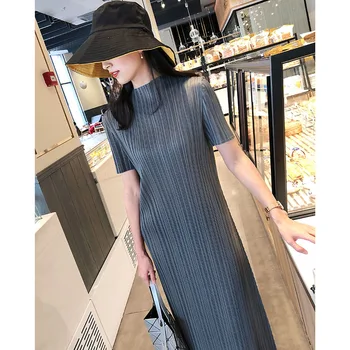 TIANPEI Miyake Kroku sieviešu kleita vasaras temperaments gadījuma korejas pamata augstu uzrullētu apkakli īsām piedurknēm ilgi estētisko kleita 5008