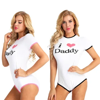 TiaoBug Sievietēm Pieaugušo I Love Daddy Modelis Ar Īsām Piedurknēm Snap Kājstarpes Kokvilnas Romper Jumpsuit Hot Sexy Sievietes Bodysuit Cosplay Drēbes