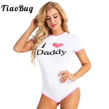TiaoBug Sievietēm Pieaugušo I Love Daddy Modelis Ar Īsām Piedurknēm Snap Kājstarpes Kokvilnas Romper Jumpsuit Hot Sexy Sievietes Bodysuit Cosplay Drēbes