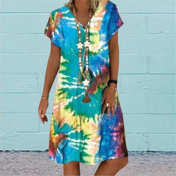 Tie krāsošanas kleita Sievietēm Zaudēt Krāsains Te Kleita Gadījuma Plus Lieluma hort Kleitu Modes Īsām Piedurknēm V-veida Kakla Kleita boho vasaras kleitas