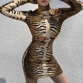 Tiger Modelis Ar Garām Piedurknēm Segtu Pirkstu Sexy Kleita 2020. Gadam Dāmas Augstu Uzrullētu Apkakli Rudens Naktsklubs Puse Mini Kleita Sieviešu Vestidos