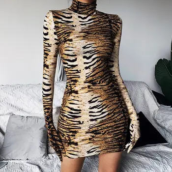 Tiger Modelis Ar Garām Piedurknēm Segtu Pirkstu Sexy Kleita 2020. Gadam Dāmas Augstu Uzrullētu Apkakli Rudens Naktsklubs Puse Mini Kleita Sieviešu Vestidos