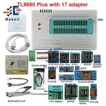TL866II Plus Universal Minipro Programmētājs + 7/10/17/28 Adapteri SOP8 IC Klipu TL866 PIC Bios ātrgaitas Flash PROM Programmētājs