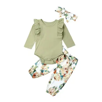 Toddler Meitene Drēbes 2019 Jaundzimušā bērna Baby Girl Ziedu Apģērbs, Apģērbu Bodysuit Topi+Bikses+Galvas Set 3pcs