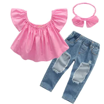 Toddler Meiteņu Apģērbu Komplekti 2020. Gadam Sutumn Meiteņu Drēbes ar Īsām Piedurknēm Topi +Caurums Bikses + Galvas 3pcs Bērnu Apģērbi Meitenēm
