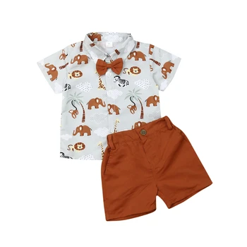 Toddler Puika Puse Džentlmenis Formālu Uzvalku Drukāt Kokvilnas Sunsuit Kleita Krekls+Šorti Bikses 2gab Bērniem Vasaras Apģērbs Apģērbu Komplekts