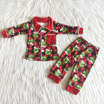 Toddler Ziemas garām Piedurknēm Pidžamas Komplekts Zēniem Savukārt Apkakle Tops Un Bikses 2gab Modes Apģērbs Bērniem Ziemassvētkos