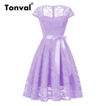 Tonval Purpura Ziedu Mežģīnes Vintage Kleitu Elegants Mīļotā Kakla Sieviešu Vasaras Kleitas 2019 Vāciņu Piedurknēm Puse Līnijas Kleita