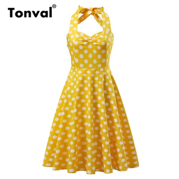Tonval Vintage Pusi Iet, Elegants Stils Backless Sexy Kleita Sievietēm Shirred Atpakaļ Pavada Polka Dot Dzelteno 50s Midi Kleitas