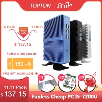 Topton Fanless Mini PC Intel i5 7200U i3 7100U DDR4 DDR3 Nuc Datoru, Linux, Windows 10 Pro 1*mSATA 1*2.5
