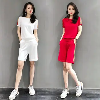 Tracksuit 2020. gadam tīras kokvilnas sporta tērps sieviešu vasaras tīrtoņa krāsu jaunu korejiešu versiju zaudēt ikdienas drēbes bikses, divas gabals, kas