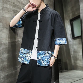 Tradicionālā Ķīniešu Apkakles 5XL Plus Lieluma Ikdienas Krekli Pusi Piedurknēm Viļņi Iespiesti Vintage Krekls Streetwear Vasaras Jaciņa XXXXXL
