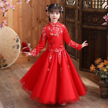 Tradicionālā Ķīniešu Apģērbi Bērnu Elegants Puķu Meiteņu kleitas, Vintage Bērniem Kleitas Meitenēm Hanfu Cheongsam Drēbes, Drēbes