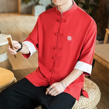 Tradicionālā Ķīniešu Apģērbi Vīriešiem Topi Retro Piegarša Uzvalks, Veļa ar garām Piedurknēm Cietā Žaketes Kung Fu Ķīna Stila Hanfu Krekls Blūze