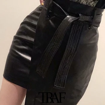 TRAF Sieviešu Modes Ar Jostu Mākslīgās Ādas Asimetriska Mini Svārki Vintage Augsto Vidukli, Sānu Rāvējslēdzēju Sieviešu Svārki Mujer