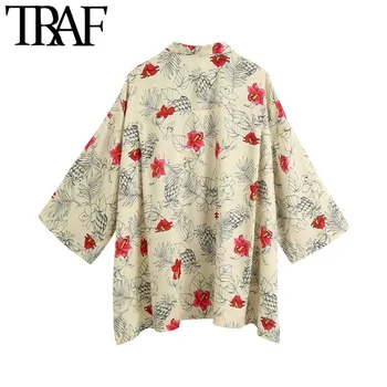 TRAF Sieviešu Modes Lielgabarīta Ziedu Drukāt Blūzes Vintage Īsām Piedurknēm Sānu Šķēlumi Poga-up Sieviešu Krekli Šiks Topi