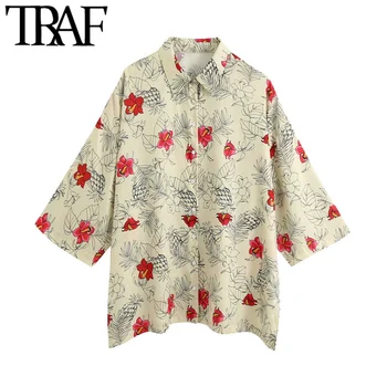 TRAF Sieviešu Modes Lielgabarīta Ziedu Drukāt Blūzes Vintage Īsām Piedurknēm Sānu Šķēlumi Poga-up Sieviešu Krekli Šiks Topi