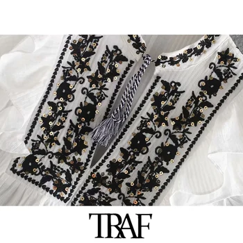 TRAF Sieviešu Modes Sequin Izšūti Mežģīņu Blūzes Vintage bez Piedurknēm Saistīts O Kakla Sieviešu Krekli Blusas Šiks Topi