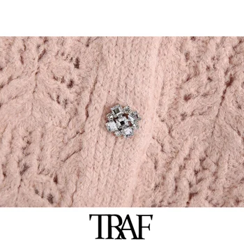 TRAF Sieviešu Salds Modes Ar Bejewelled Pogas Trikotāžas Veste Vintage Džemperis bez Piedurknēm, Sieviešu Veste Šiks Topi
