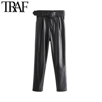 TRAF Sieviešu Vintage Šiks PU Mākslīgās Ādas Jostas Augsta Vidukļa Biksēm Modes Rāvējslēdzēju Lidot Sānu Kabatas Sieviešu Bikses Pantalones