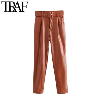 TRAF Sieviešu Vintage Šiks PU Mākslīgās Ādas Jostas Augsta Vidukļa Biksēm Modes Rāvējslēdzēju Lidot Sānu Kabatas Sieviešu Bikses Pantalones