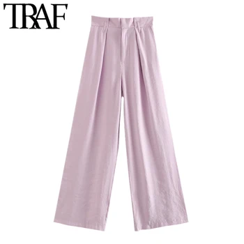 TRAF Sieviešu Šiks Modes Kroku Plaša Kāju Bikses Vintage Augsta Vidukļa Rāvējslēdzēju Lidot Kabatas Sieviešu Bikses Pantalones Mujer