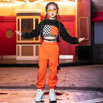 Trending Bērniem Hiphop Džeza Deju Kostīms Meitenēm Ar Garām Piedurknēm Topi Apelsīnu Bikses Gadījuma Catwalk Skatuves Šovs Valkāt Rave Apģērbs