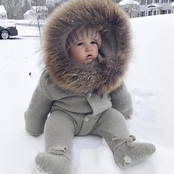 Trikotāžas apģērbu ar kājām un kapuci bērnu apģērbs ar kažokādas apkakli un ziemas āra 3-24M Vienu Krūtīm, zīdaiņu Džemperi