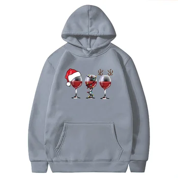 Trīs Glāzes Sarkanā Vīna Drukāt Ziemassvētku Hoodies Sieviešu Grafiskais Rudens Ziemas Estētisko garām Piedurknēm Apkakli Kapuci sporta Krekls
