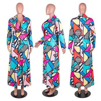 Tsuretobe Pleds Uzrakt Mētelis Sievietēm Rudenī 2020 Plus Lieluma Apģērbu Elegants, Garš Mētelis Sieviešu Modes Ģeometriskā Drukāt Outwear Mujer