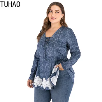 TUHAO 2020 Plus Izmērs 4XL 5XL 3XL SIEVIEŠU Krekls, Blūze Liela Izmēra Gadījuma Topi Mežģīnes Pavasara Apģērbu Femininas Blusas liela izmēra WM80