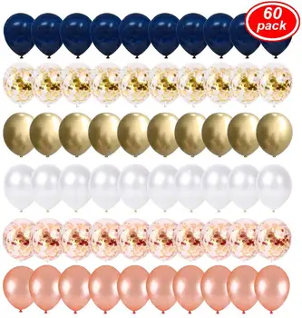 Tumši Zilā un Zelta Konfeti Baloni 60 gab 12 collu Rose Gold/Pērļu Baltā un Zelta Metāla Chrome Dzimšanas dienā, Balonus Puse Dekori