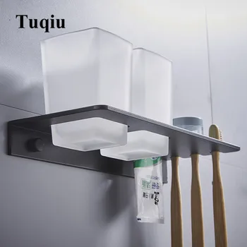 Tuqiu Dubulto zobu suka turētāju ar Zobu Turētājs Alumīnija Black Akrobāts & kausa turētājs pie sienas piestiprinātās vai Nagu Bezmaksas produkts vannas