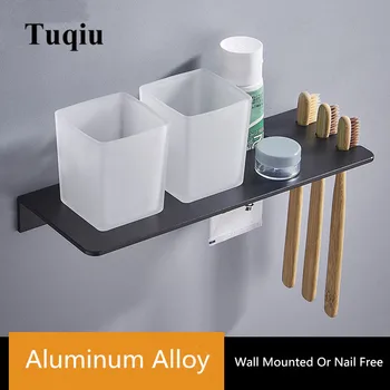 Tuqiu Dubulto zobu suka turētāju ar Zobu Turētājs Alumīnija Black Akrobāts & kausa turētājs pie sienas piestiprinātās vai Nagu Bezmaksas produkts vannas