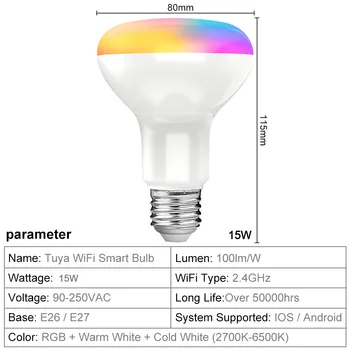 Tuya Smart Spuldze 15W E27 WiFi LED Spuldze RGB Krāsu Maiņa un 2700K-6500K Balts Darbu ar Alexa, Google Home Aptumšojami APP
