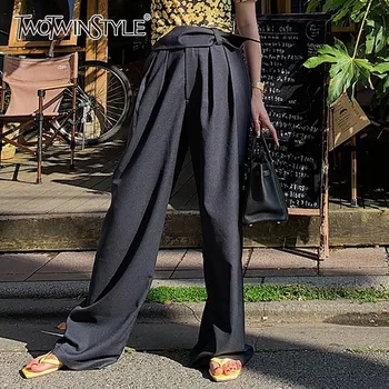 TWOTWINSTYLE Plaša Kāju Cietā Bikses Sievietēm Augsto Vidukli, Taisniem Gadījuma Vaļēju Bikšu Sieviešu Rudens Modes Apģērbu 2020. Gadam Stilīgs