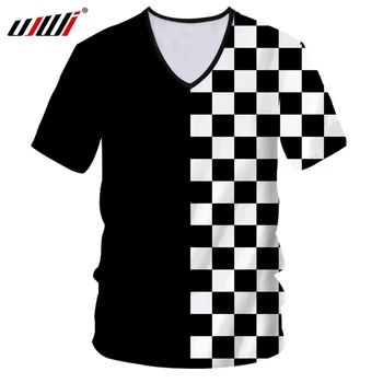UJWI T-krekls Hot V-veida kakla Īsām Piedurknēm 3D T-krekls Drukāt Melnā un baltā pleds Gadījuma 5XL 6XL Drēbes Hombre Pavasara Tee Krekls