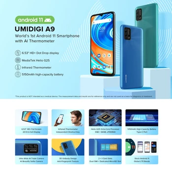UMIDIGI A9 Android 11 Globālo Versiju Viedtālrunis 13MP AI Triple Kamera 3GB 64GB Helio G25 Octa Core 6.53