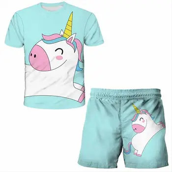 Unicorn 3D iespiesti īsām piedurknēm Bikses, Krekls cute karikatūra T-kreklu komplekts zēniem un meitenēm mīļākie karikatūra ar īsām piedurknēm krekls bikses