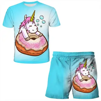 Unicorn 3D iespiesti īsām piedurknēm Bikses, Krekls cute karikatūra T-kreklu komplekts zēniem un meitenēm mīļākie karikatūra ar īsām piedurknēm krekls bikses