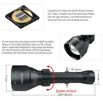 UniqueFire 1405 IS 850NM Apgaismojums Nakts Redzamības LED Lukturīti Uzlādējams 67 mm Izliektu Lēcu 3 Režīmi Lāpu Gaisma+Lādētājs