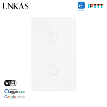 UNKAS 2 Banda Stikla Paneli ASV Standarta Smart Wifi Sienas Touch Switch Automatizācijas Bezvadu Ko Ewelink APP Vienas Uguns Līnijas Slēdzis